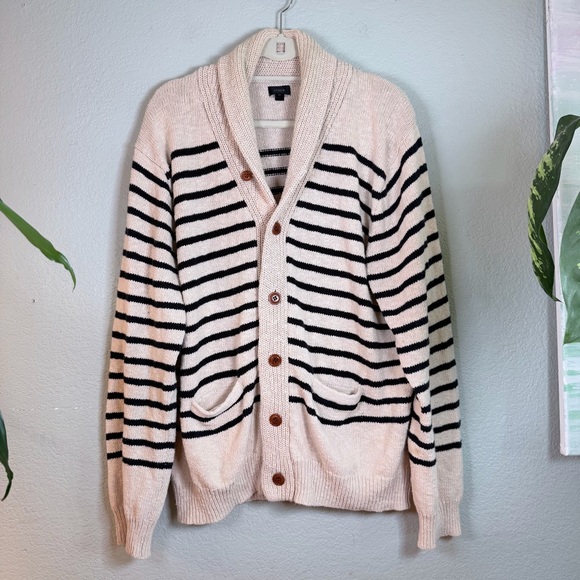 J Crew Cowl Neck Striped Button Down Tan Navy Preppy Cardigan Knit Sweater XL - Picture 2 of 10